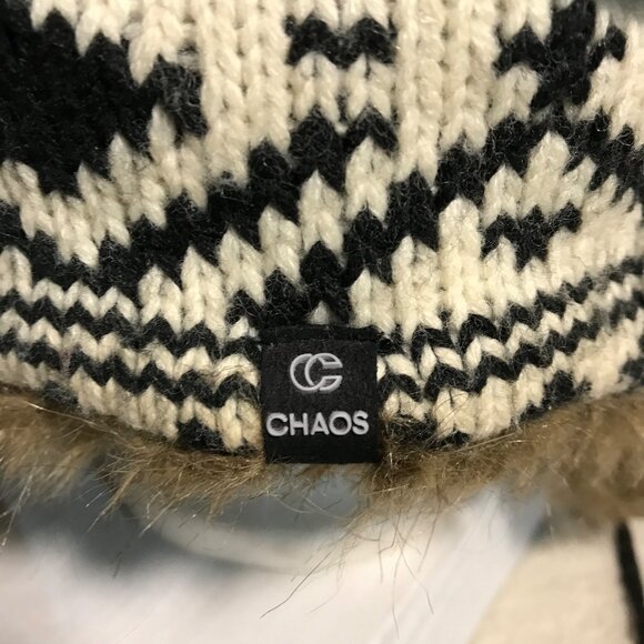 Chaos Trapper Hat Faux Fur Lined Knit Ear Flaps Tie Strings One Size Black White - Picture 7 of 11